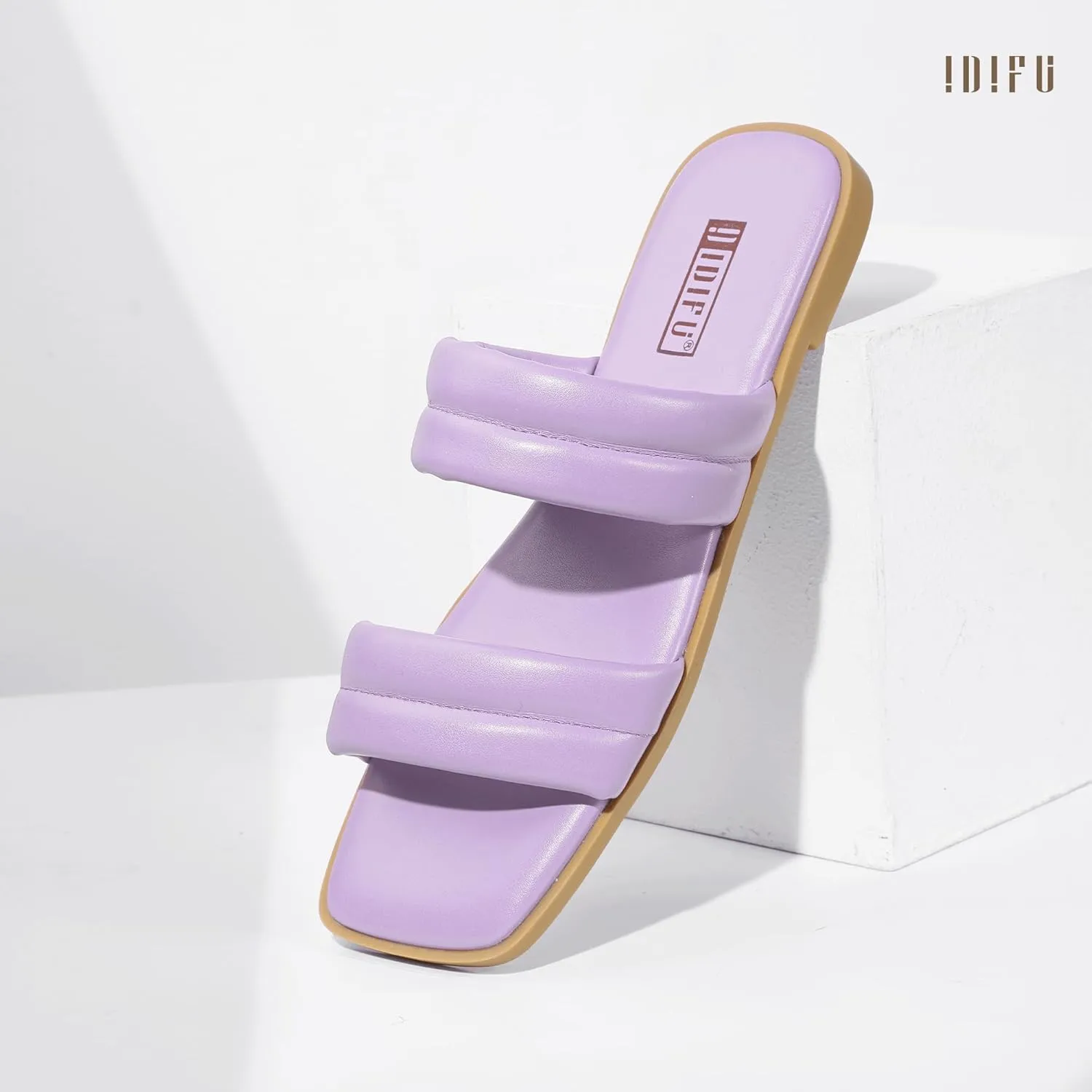 IDIFU Women's Flat Sandals for Women Square Open Toe Two Soft Band Slip On Summer Comfortable Dressy Slide Beach Casual Wedding Dress Sandals