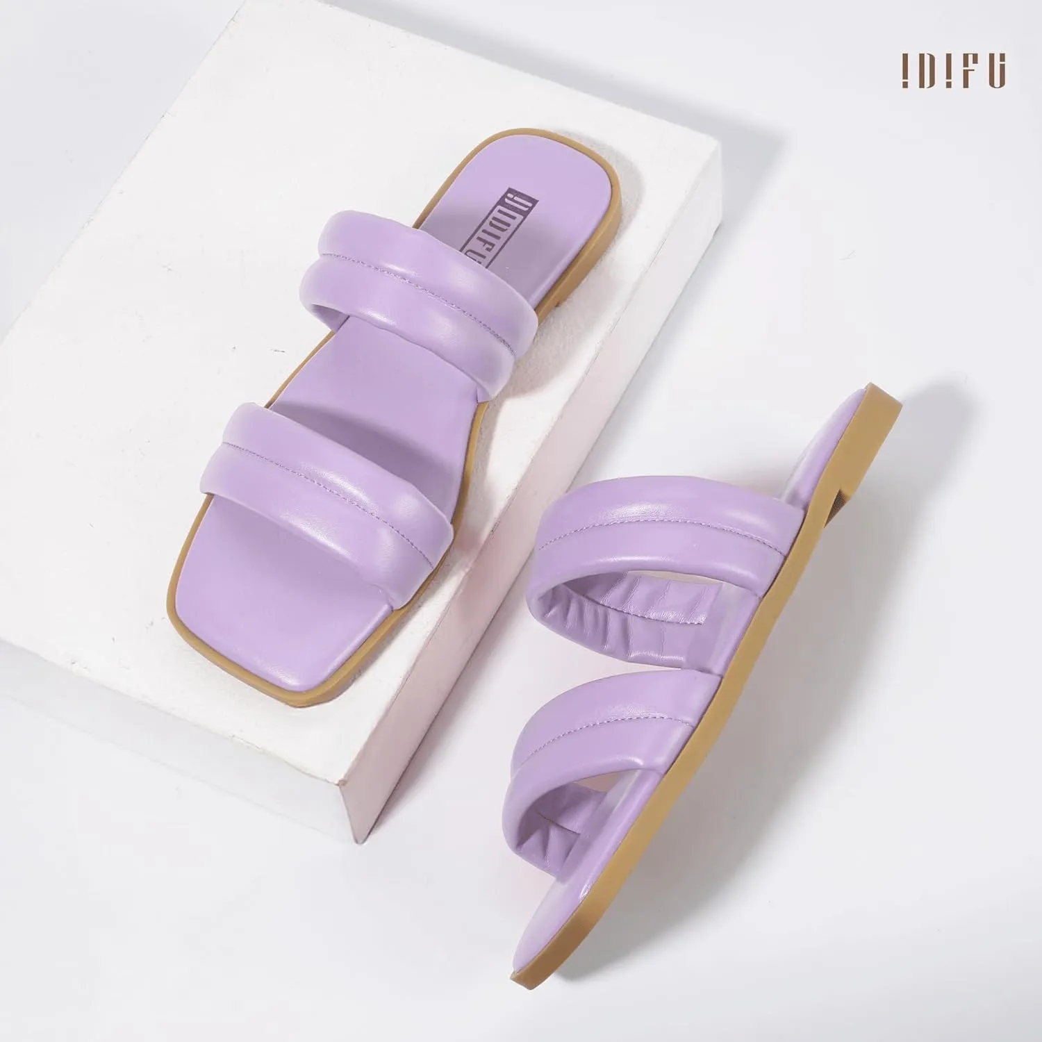 IDIFU Women's Flat Sandals for Women Square Open Toe Two Soft Band Slip On Summer Comfortable Dressy Slide Beach Casual Wedding Dress Sandals