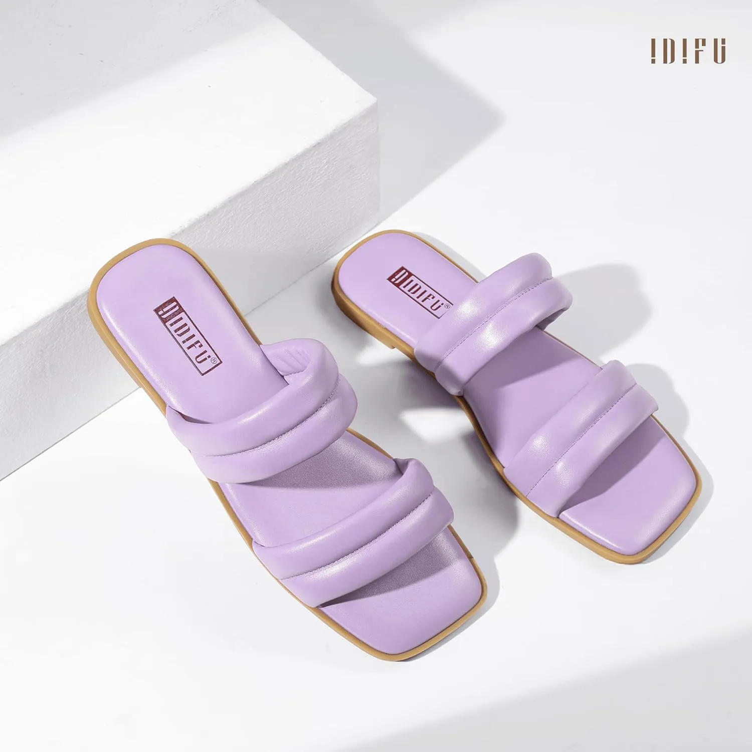 IDIFU Women's Flat Sandals for Women Square Open Toe Two Soft Band Slip On Summer Comfortable Dressy Slide Beach Casual Wedding Dress Sandals