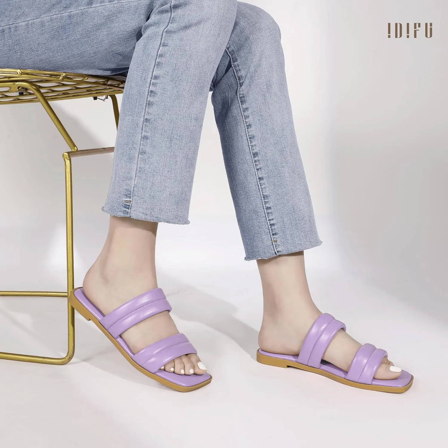 IDIFU Women's Flat Sandals for Women Square Open Toe Two Soft Band Slip On Summer Comfortable Dressy Slide Beach Casual Wedding Dress Sandals