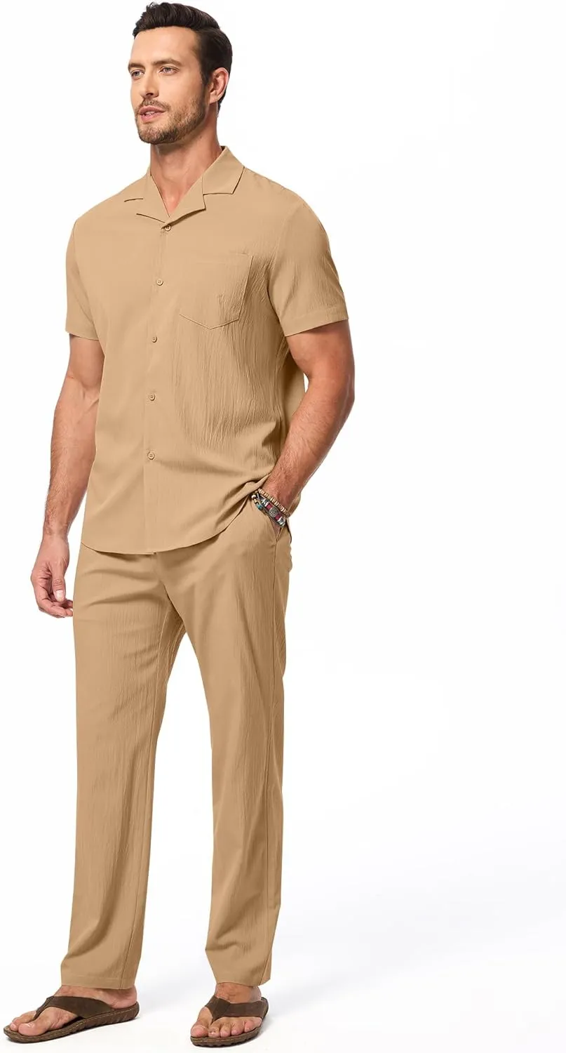 JMIERR Men 2 Piece Beach Vacation Outfit Pants Set Summer Cool Short Sleeve Casual Shirts