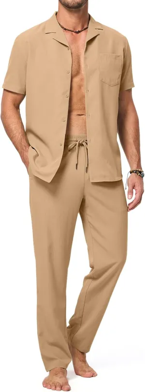 JMIERR Men 2 Piece Beach Vacation Outfit Pants Set Summer Cool Short Sleeve Casual Shirts