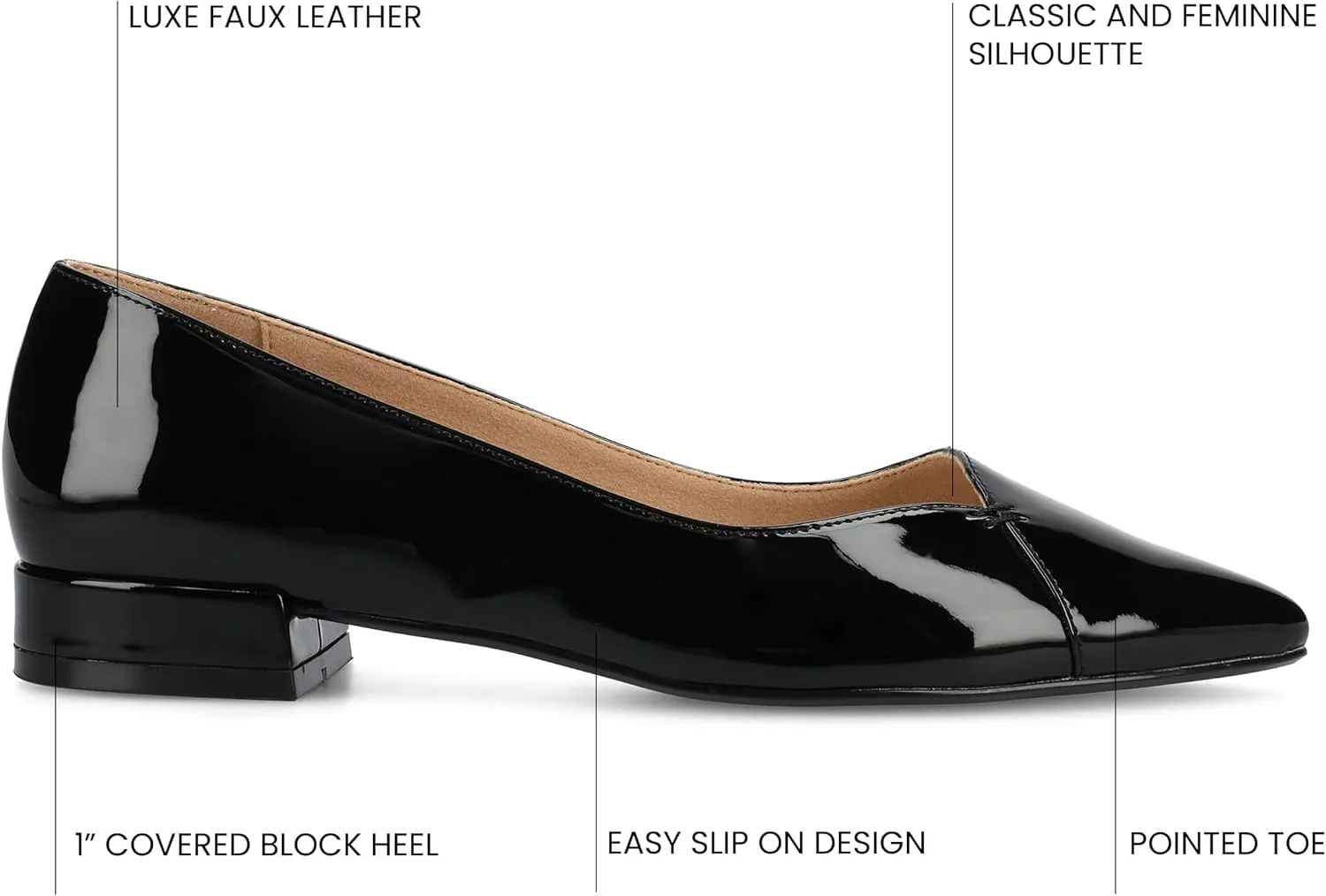 Journee Collection Womens Carmin Low Covered Block Heel Dress Flats Cushioned Pointed Toe Slip On Fashion Shoes