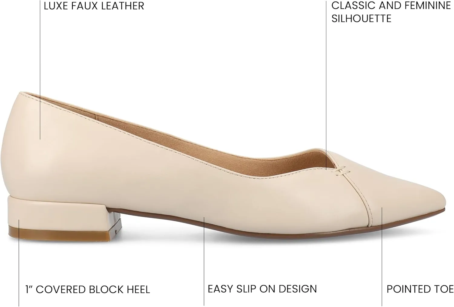 Journee Collection Womens Carmin Low Covered Block Heel Dress Flats Cushioned Pointed Toe Slip On Fashion Shoes