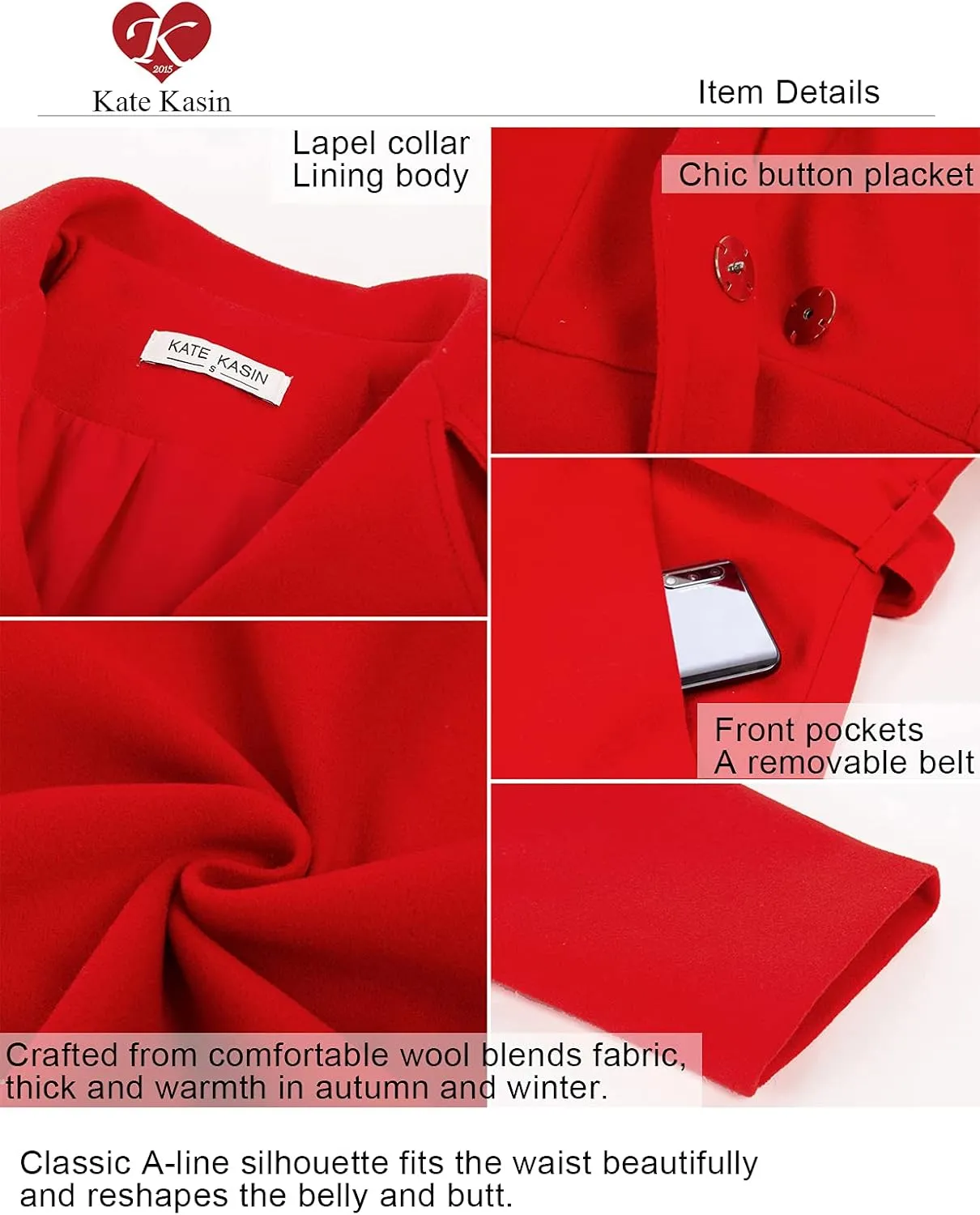 Kate Kasin Women A Line Peacoat Dress Coat Belted Notch Lapel Overcoat Fall Winter Trench Coats