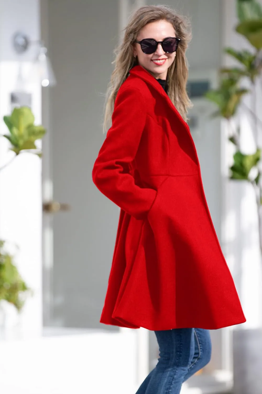 Kate Kasin Women A Line Peacoat Dress Coat Belted Notch Lapel Overcoat Fall Winter Trench Coats