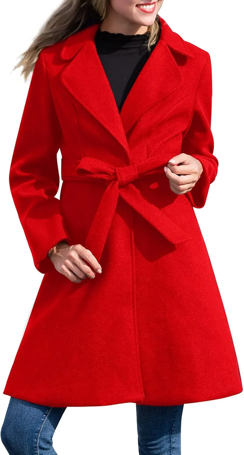 Kate Kasin Women A Line Peacoat Dress Coat Belted Notch Lapel Overcoat Fall Winter Trench Coats