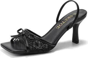 Kitten Heels for Women Square Toe Mesh Sandals Bow Knots Heels Open Toe Sandals for Women Comfortable Dressy Shoes for Wedding Party