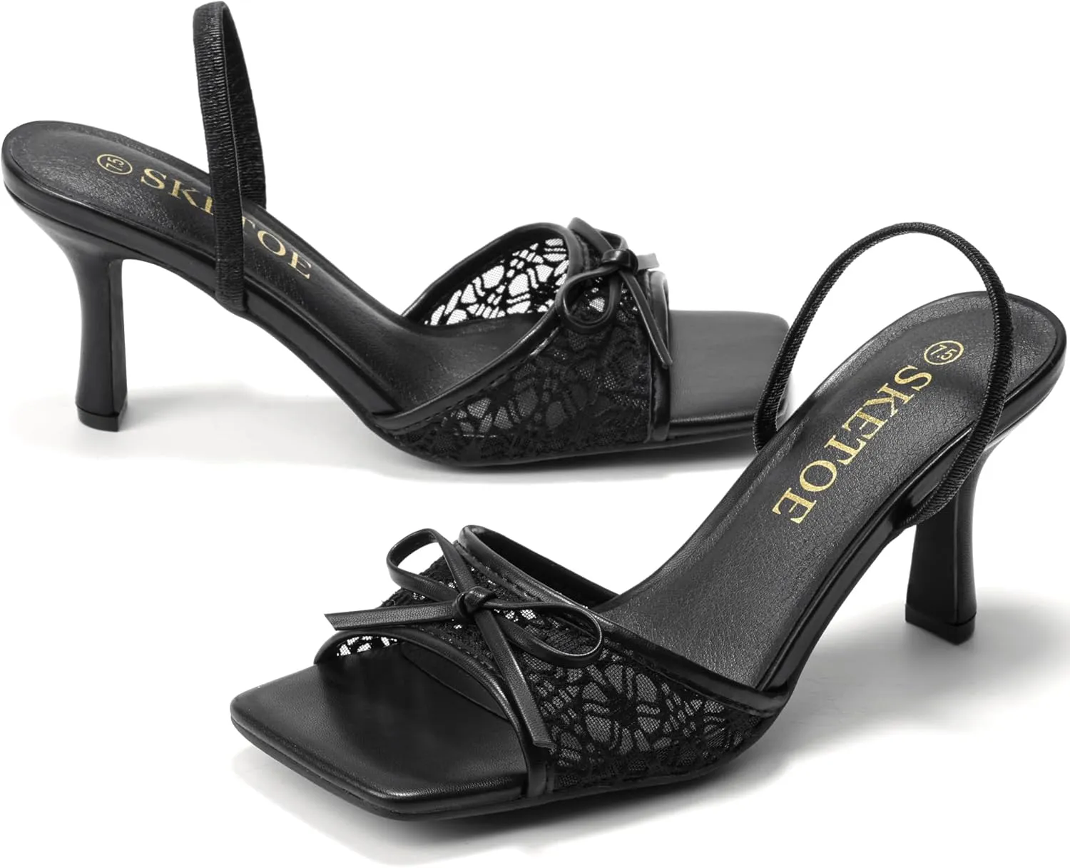 Kitten Heels for Women Square Toe Mesh Sandals Bow Knots Heels Open Toe Sandals for Women Comfortable Dressy Shoes for Wedding Party