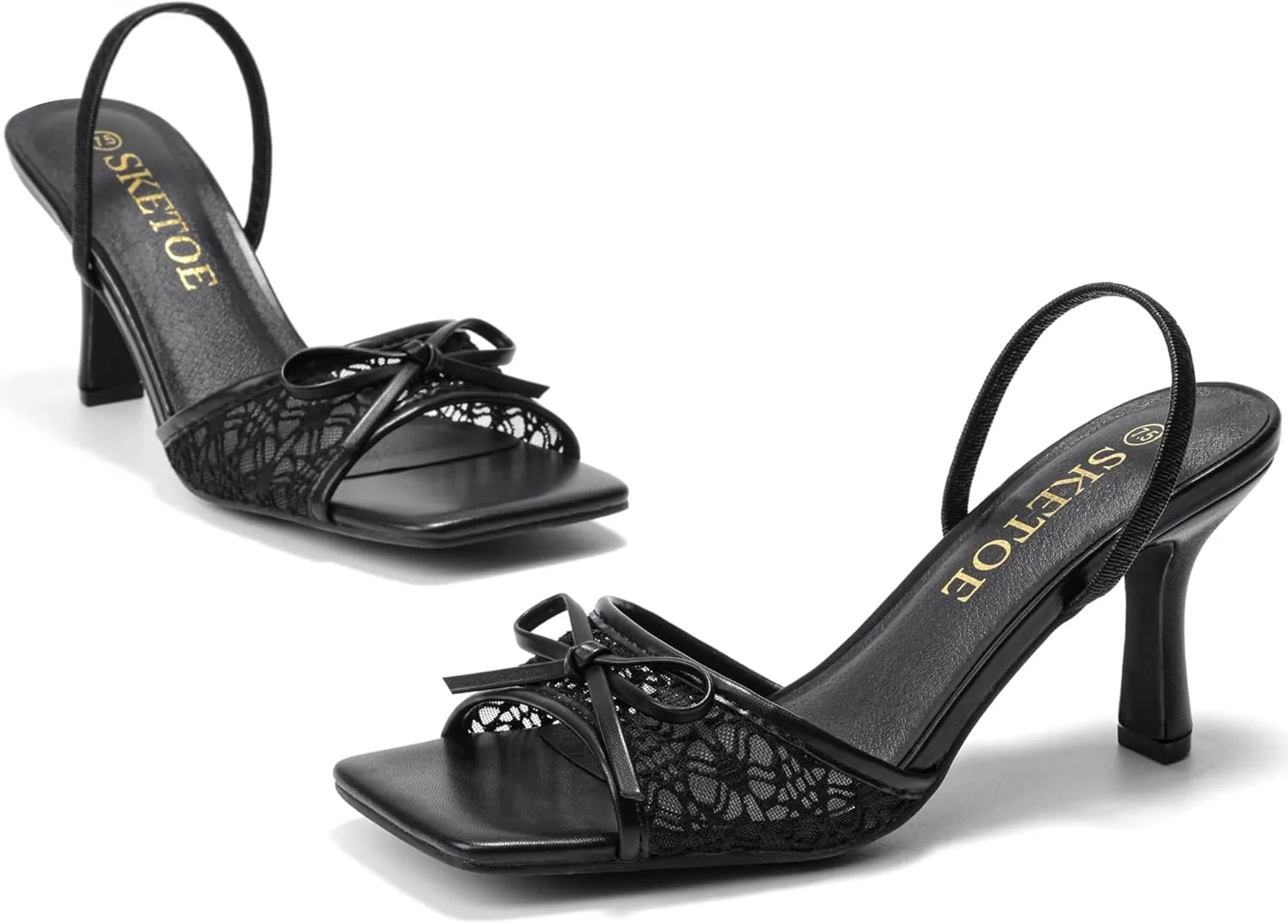 Kitten Heels for Women Square Toe Mesh Sandals Bow Knots Heels Open Toe Sandals for Women Comfortable Dressy Shoes for Wedding Party