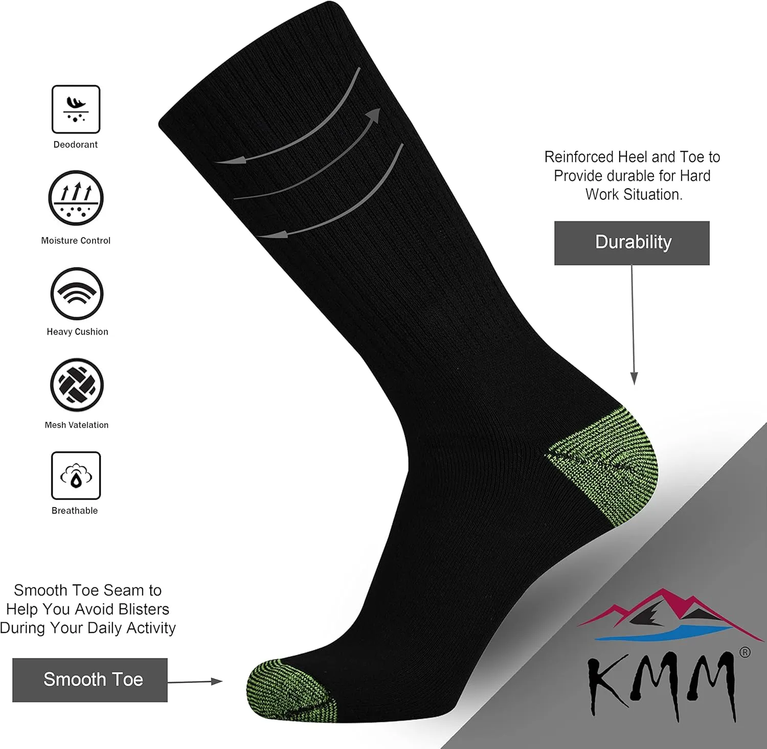 KMM Men's Cotton Full Thick Cushion Crew Socks Moisture Control Heavy Duty Work Boot Warm Thermal Anti Wicking Sweat Blisters