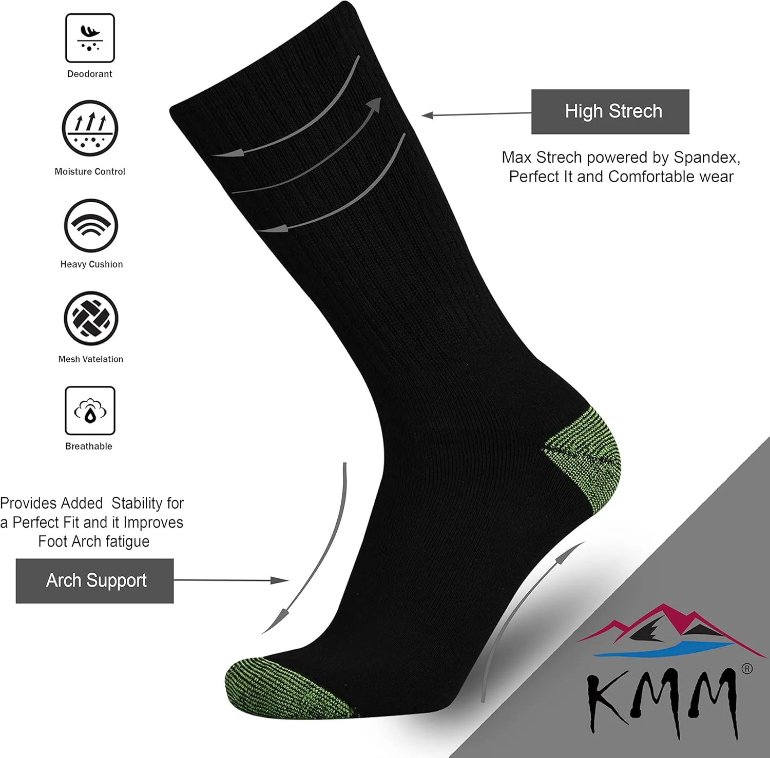 KMM Men's Cotton Full Thick Cushion Crew Socks Moisture Control Heavy Duty Work Boot Warm Thermal Anti Wicking Sweat Blisters