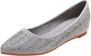 KUNWFNIX Women's Ballet Flats Crystal Wedding Ballerina Shoes Pointed Toe Pearl Diamond Low Heel Comfortable Dressy Work Business Dance Flats