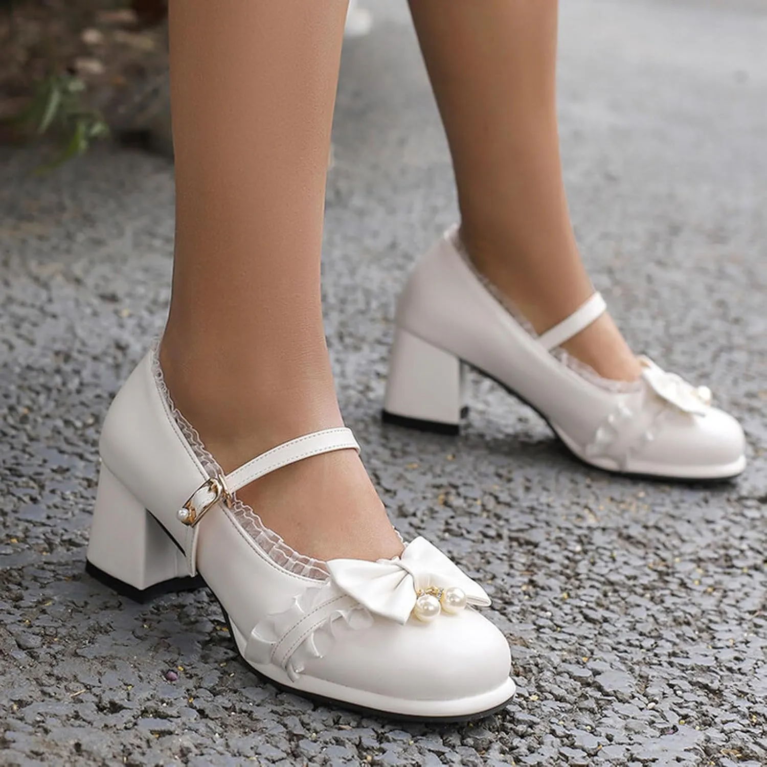 Ladies Retro Single Shoes Chunky Heel Mary Jane Shoes Bowknot College Square Toe Strap Platform Heel Sandals