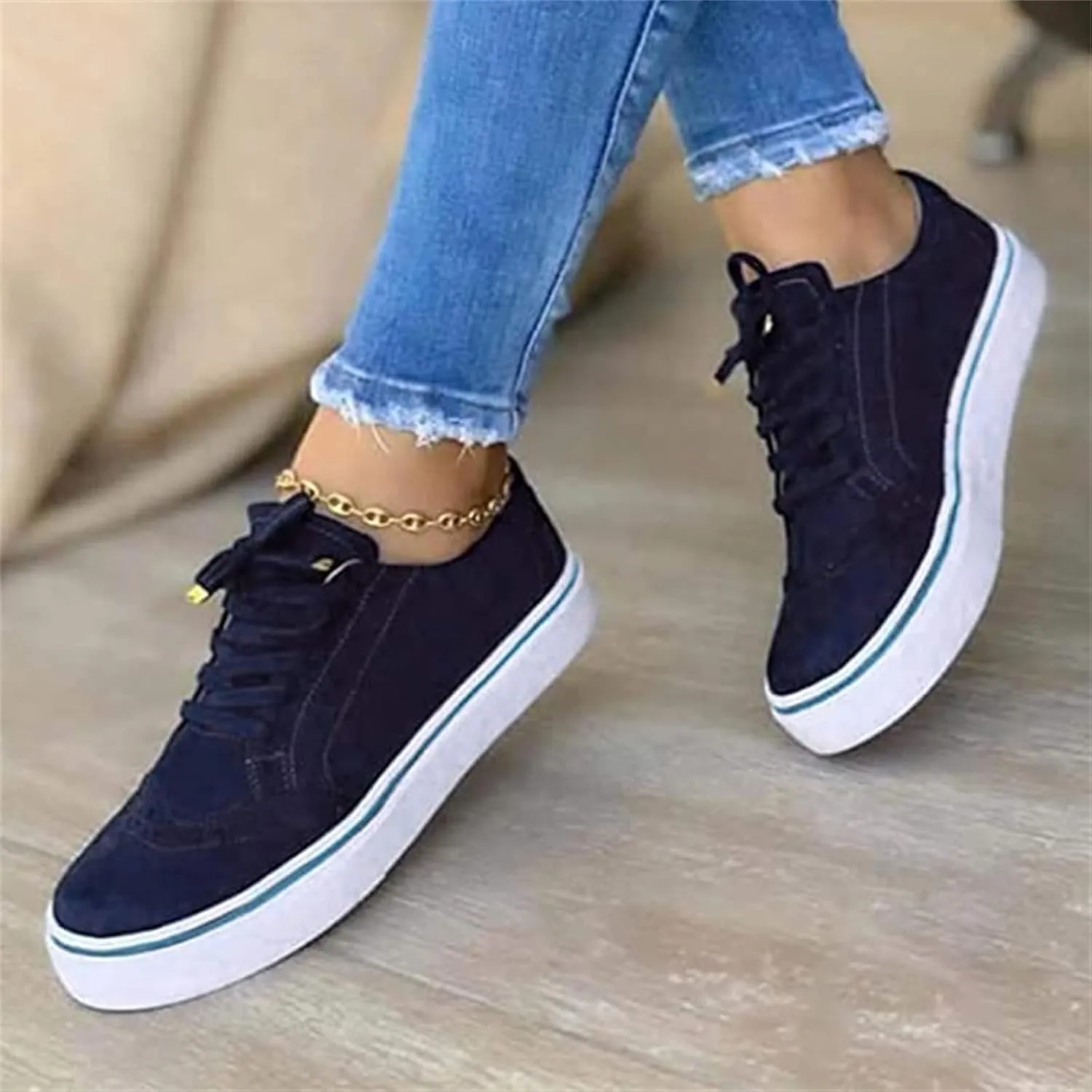 Ladmiple Shoes For Women Sneakers Trendy Low Top Lace-up Walking Shoes Fashion Summer Slip On Platform Flats Loafers