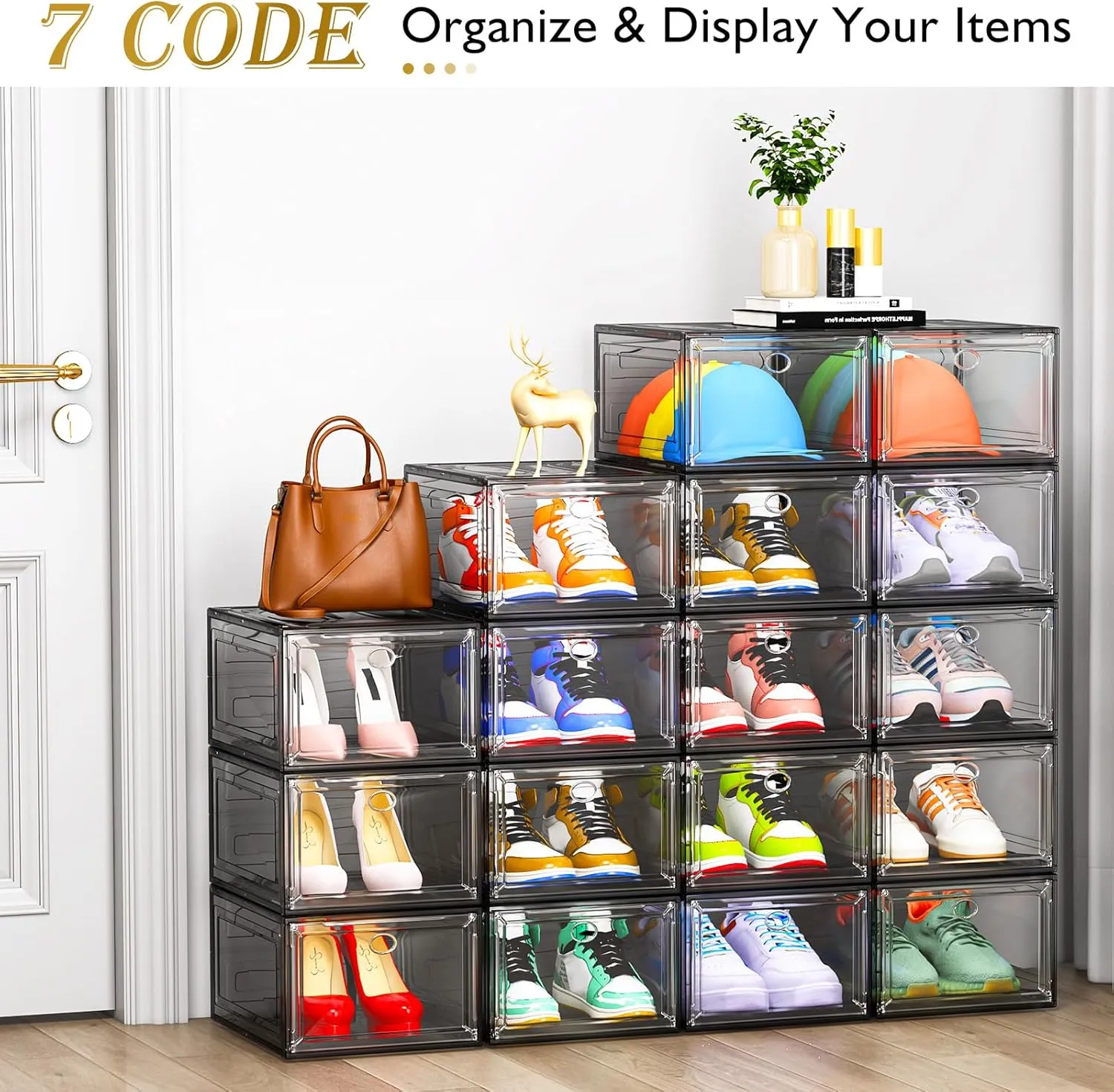 Large Clear Shoe Boxes Organizer【Thicker Material】 Stronger Shoe Box with Magnetic Door, Stackable Shoe Storage Box for Closet, Foldable Space-Saving Storage Bins Shoe Cabinet, Black 9-Pack