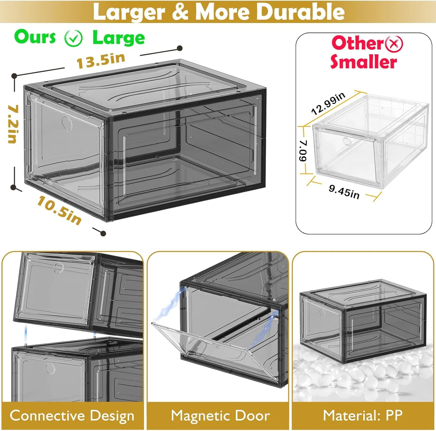 Large Clear Shoe Boxes Organizer【Thicker Material】 Stronger Shoe Box with Magnetic Door, Stackable Shoe Storage Box for Closet, Foldable Space-Saving Storage Bins Shoe Cabinet, Black 9-Pack