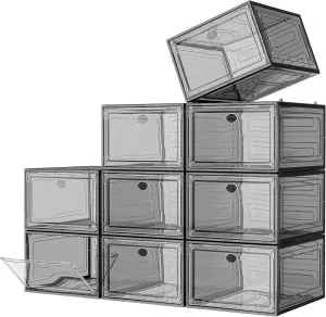 Large Clear Shoe Boxes Organizer【Thicker Material】 Stronger Shoe Box with Magnetic Door, Stackable Shoe Storage Box for Closet, Foldable Space-Saving Storage Bins Shoe Cabinet, Black 9-Pack