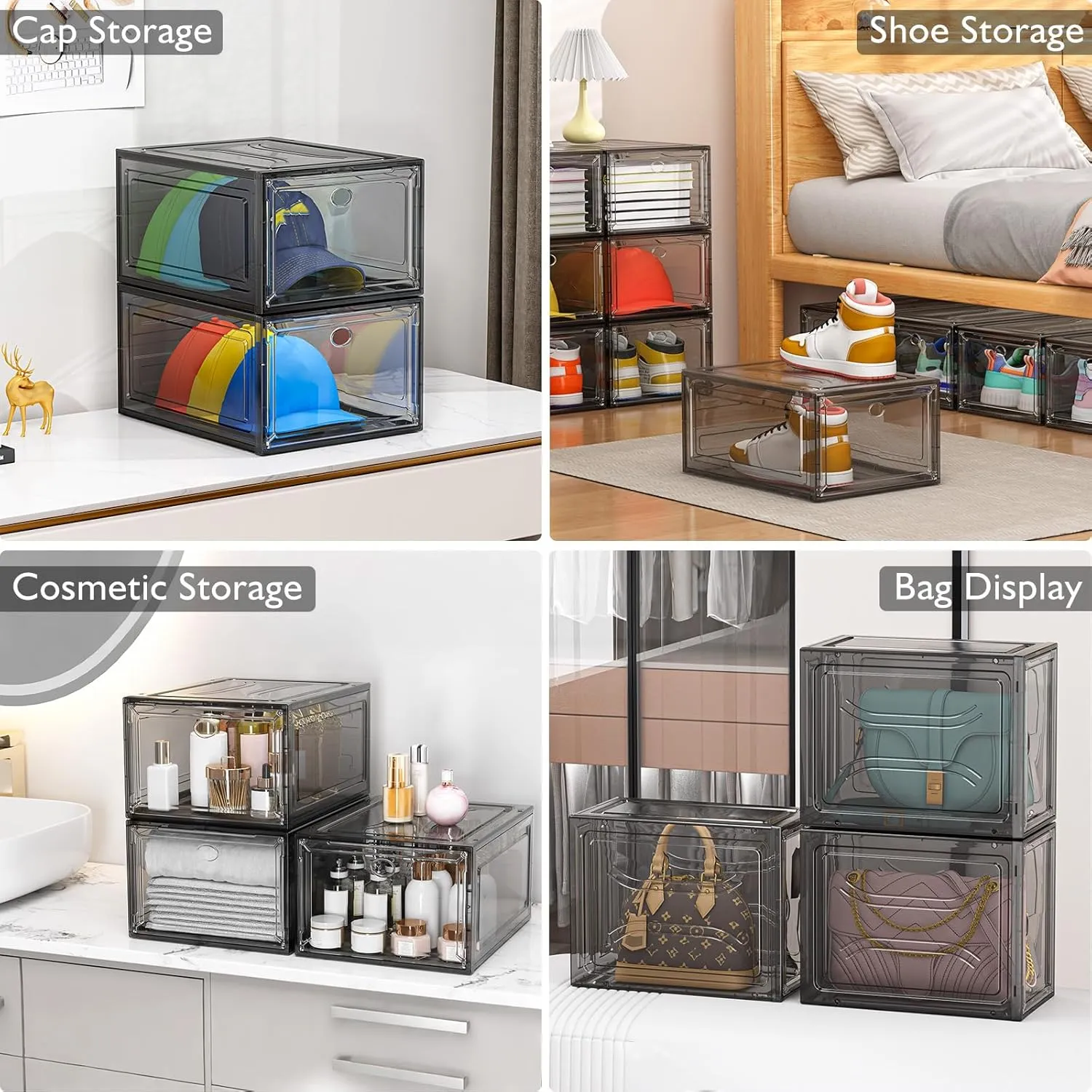 Large Clear Shoe Boxes Organizer【Thicker Material】 Stronger Shoe Box with Magnetic Door, Stackable Shoe Storage Box for Closet, Foldable Space-Saving Storage Bins Shoe Cabinet, Black 9-Pack