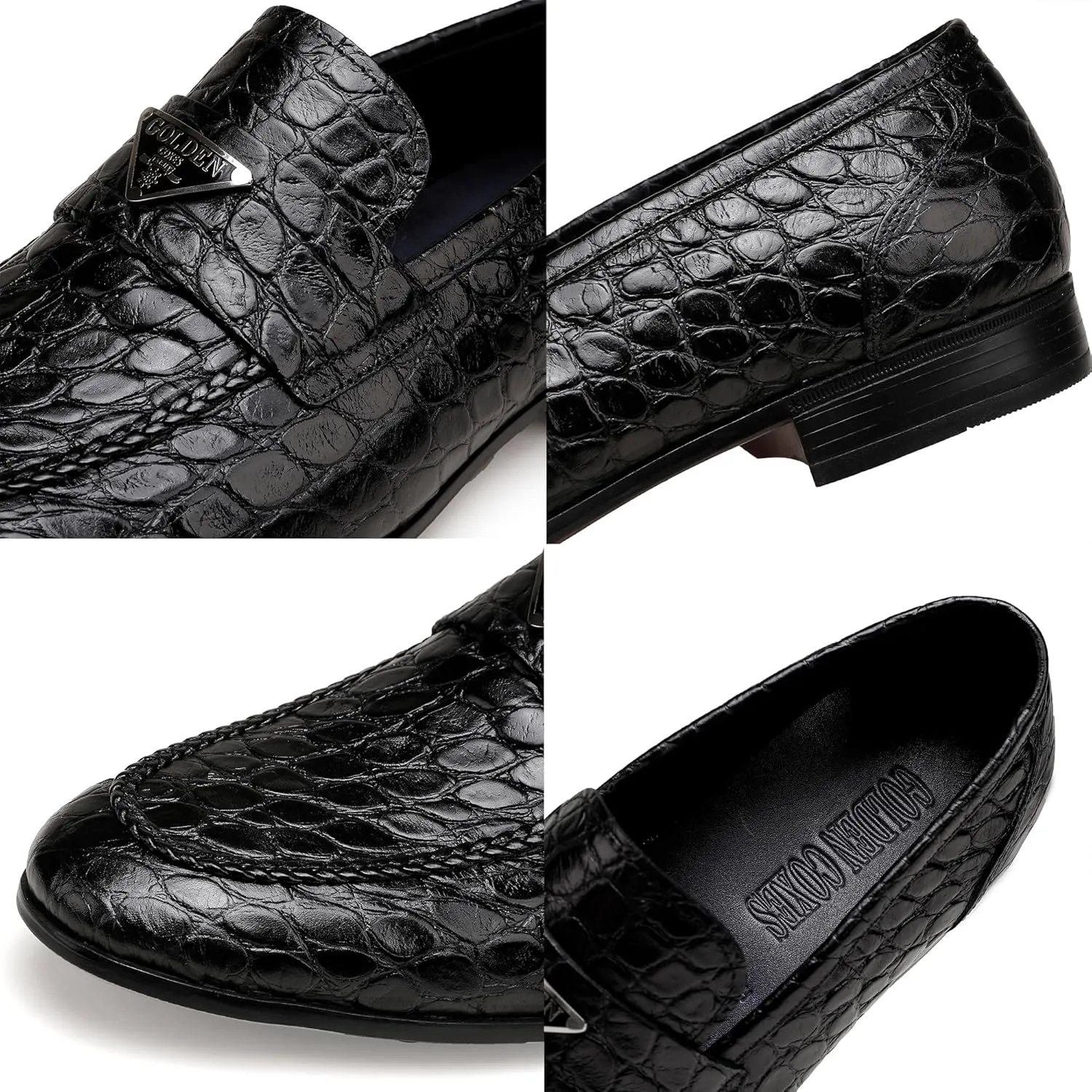 Leather Penny Loafers for Mens, Fashion Crocodile Printed Dress Shoes Casual Party Business Shoes Handmade Slip on Loafers
