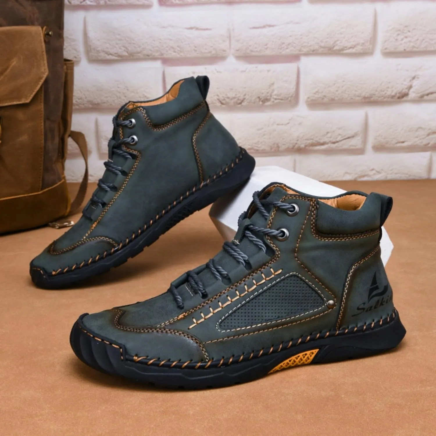 LELEBEAR Sawbehind Mens Boots Waterproof Leather Shoes, Comfortable Handmade Outdoor Boots with Arch Support and Non-Slip Rubber Sole