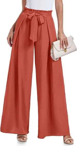 Lepunuo Wide Leg Pants for Women High Waisted Palazzo Pants Work Casual Flowy Tie Knot Trousers with Pockets