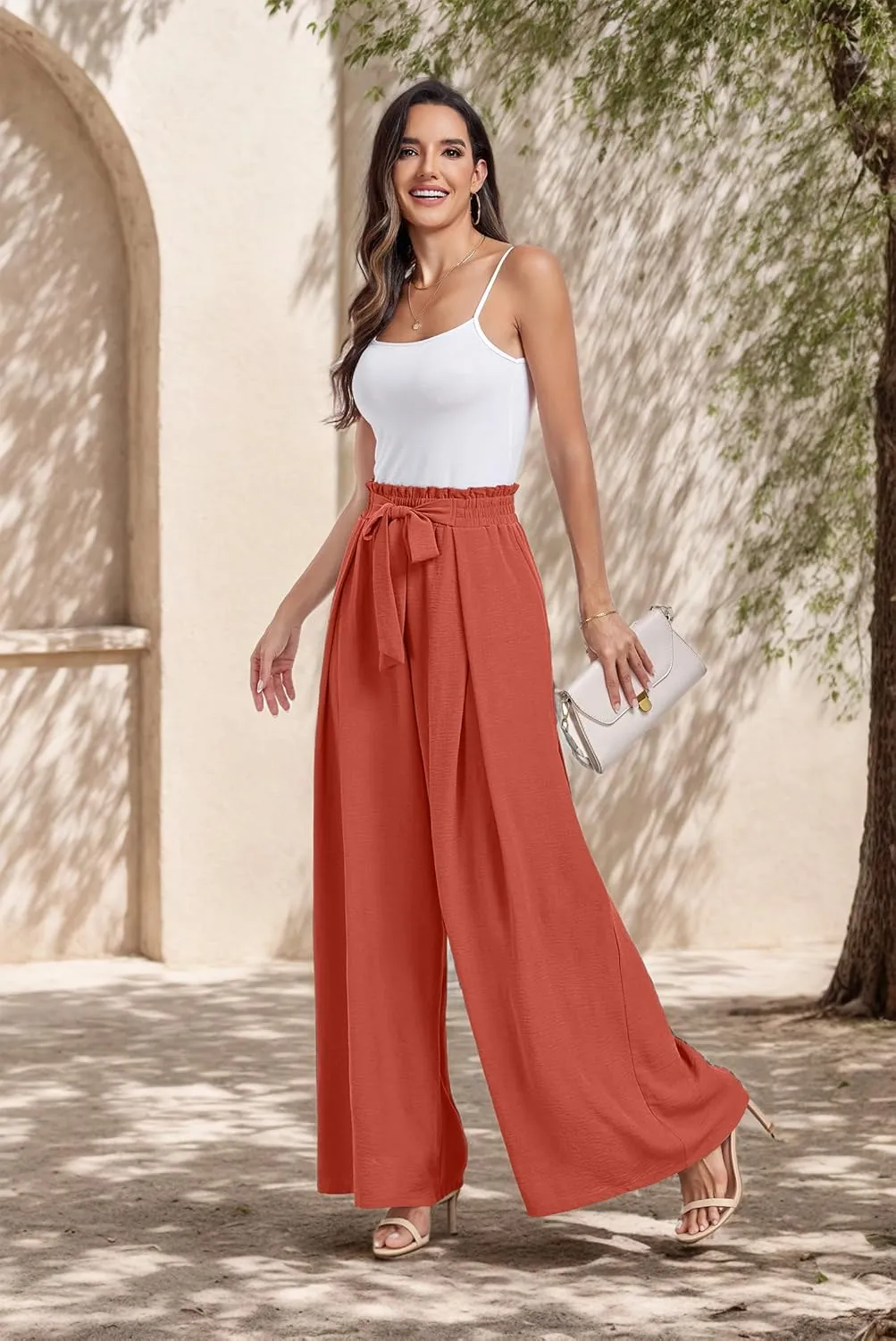 Lepunuo Wide Leg Pants for Women High Waisted Palazzo Pants Work Casual Flowy Tie Knot Trousers with Pockets