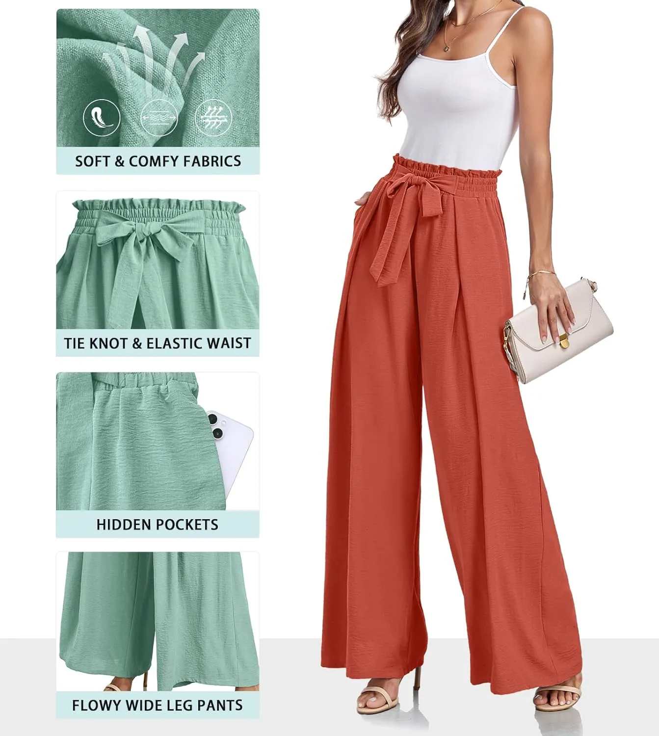 Lepunuo Wide Leg Pants for Women High Waisted Palazzo Pants Work Casual Flowy Tie Knot Trousers with Pockets