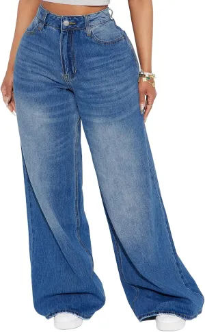 LONGBIDA Wide Leg Jeans for Women High Waisted Baggy Straight Leg Y2k Raw Hem Denim Pants for Women 2024