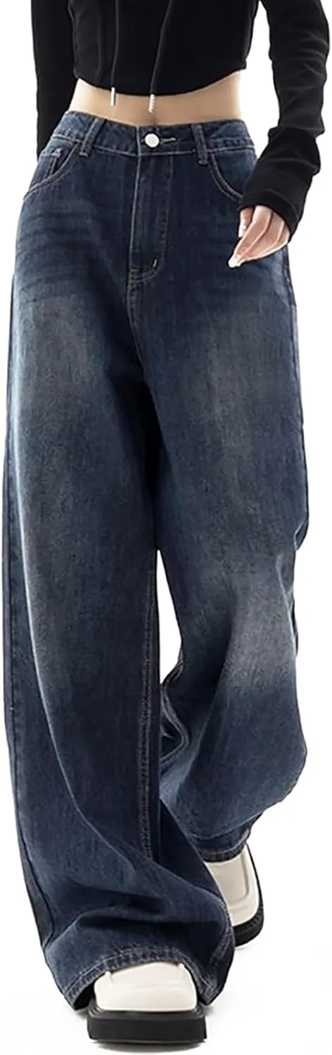 LONGBIDA Wide Leg Jeans for Women High Waisted Baggy Straight Leg Y2k Raw Hem Denim Pants for Women 2024