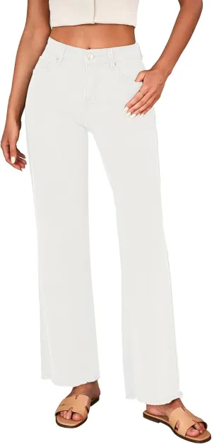 LookbookStore Wide Leg Jeans for Women Trendy High Waisted Straight Leg Frayed Hem Baggy Stretchy Denim Trousers Pants