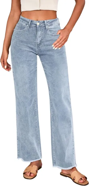 LookbookStore Wide Leg Jeans for Women Trendy High Waisted Straight Leg Frayed Hem Baggy Stretchy Denim Trousers Pants
