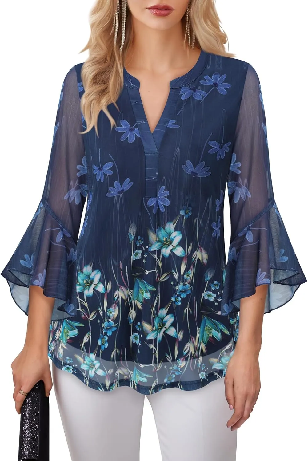 Lotusmile Women's 3/4 Sleeve Dressy Tops Elegant V Neck Blouse for Women Casual Work Evening Party