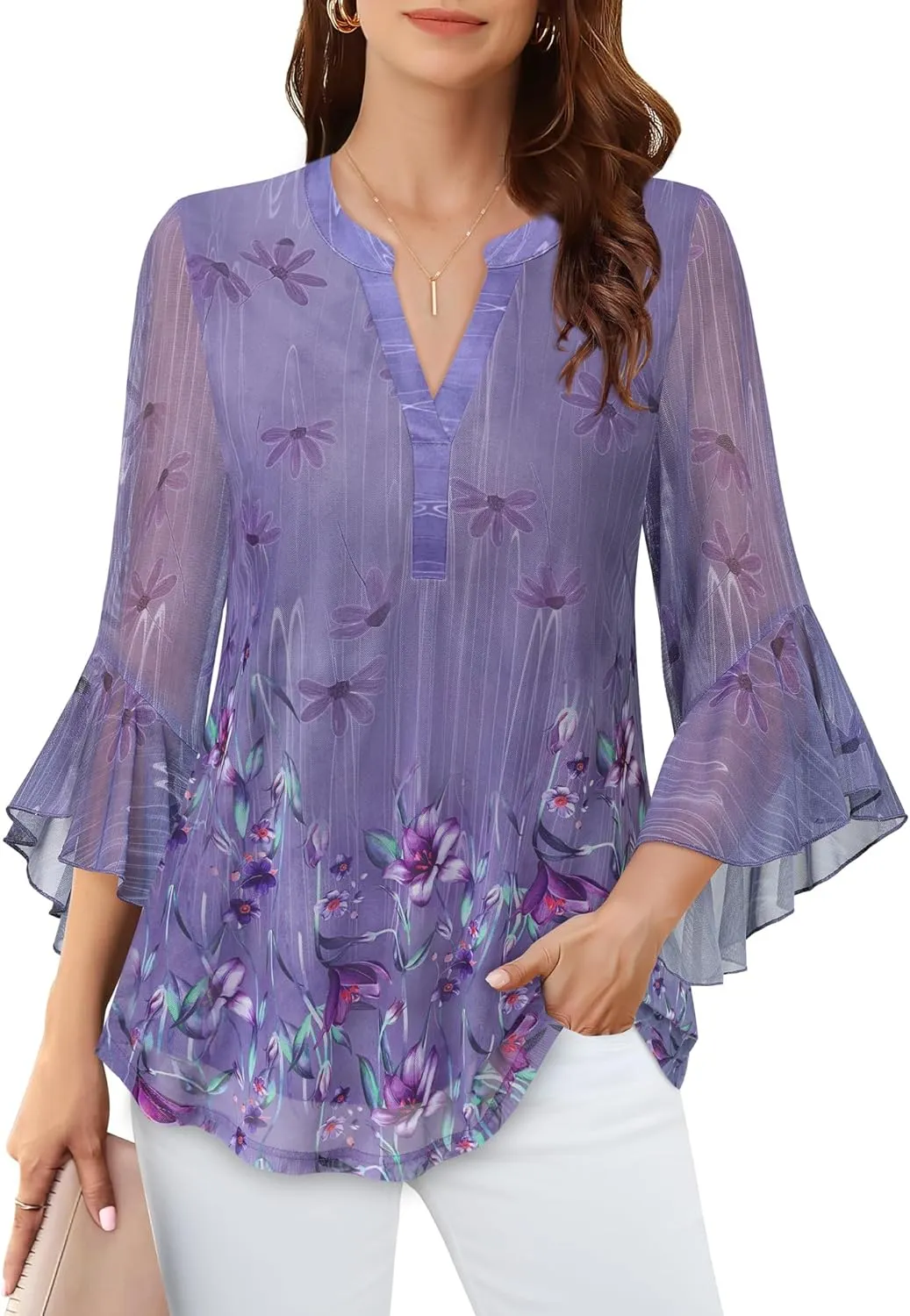 Lotusmile Women's 3/4 Sleeve Dressy Tops Elegant V Neck Blouse for Women Casual Work Evening Party