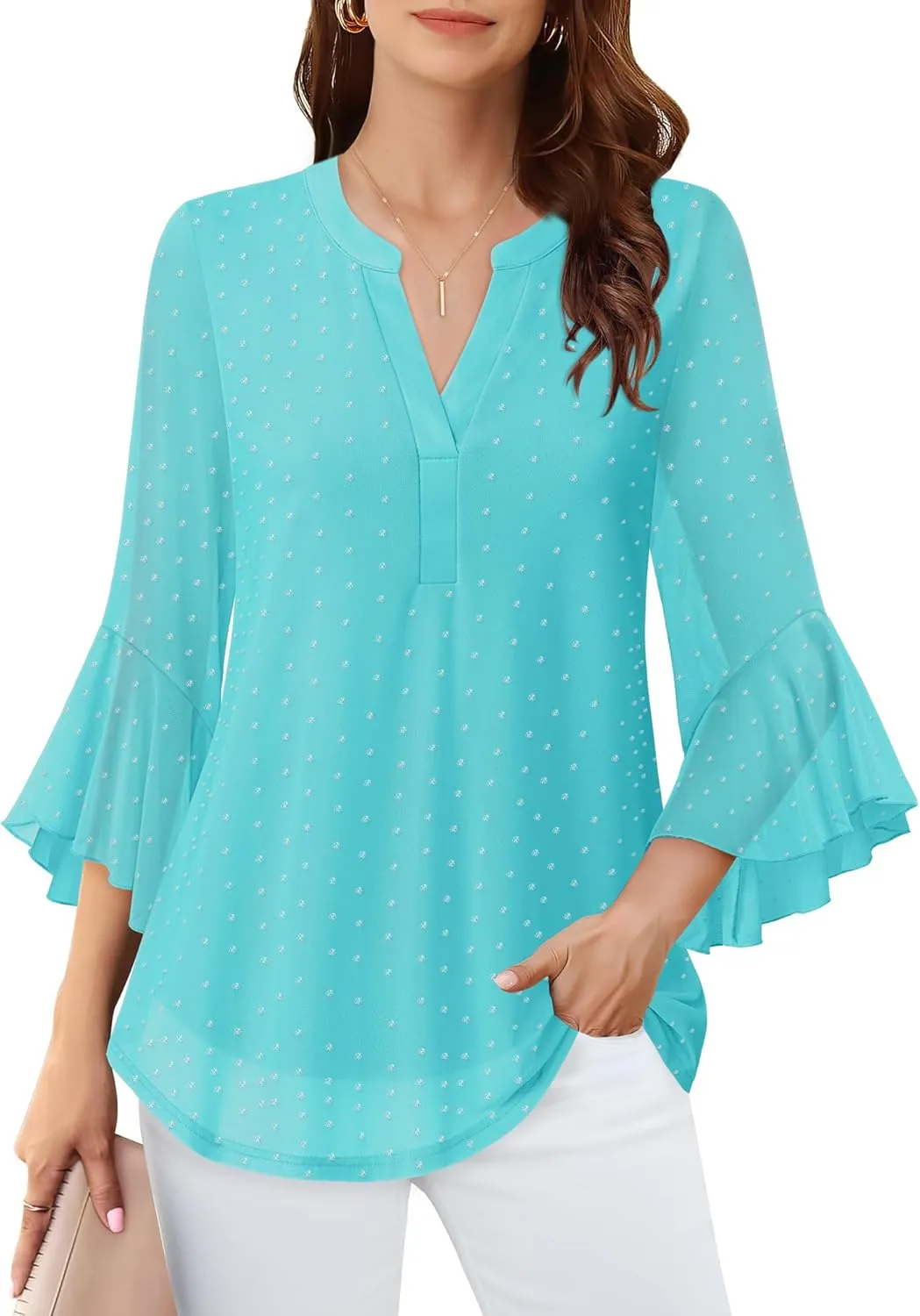 Lotusmile Women's 3/4 Sleeve Dressy Tops Elegant V Neck Blouse for Women Casual Work Evening Party