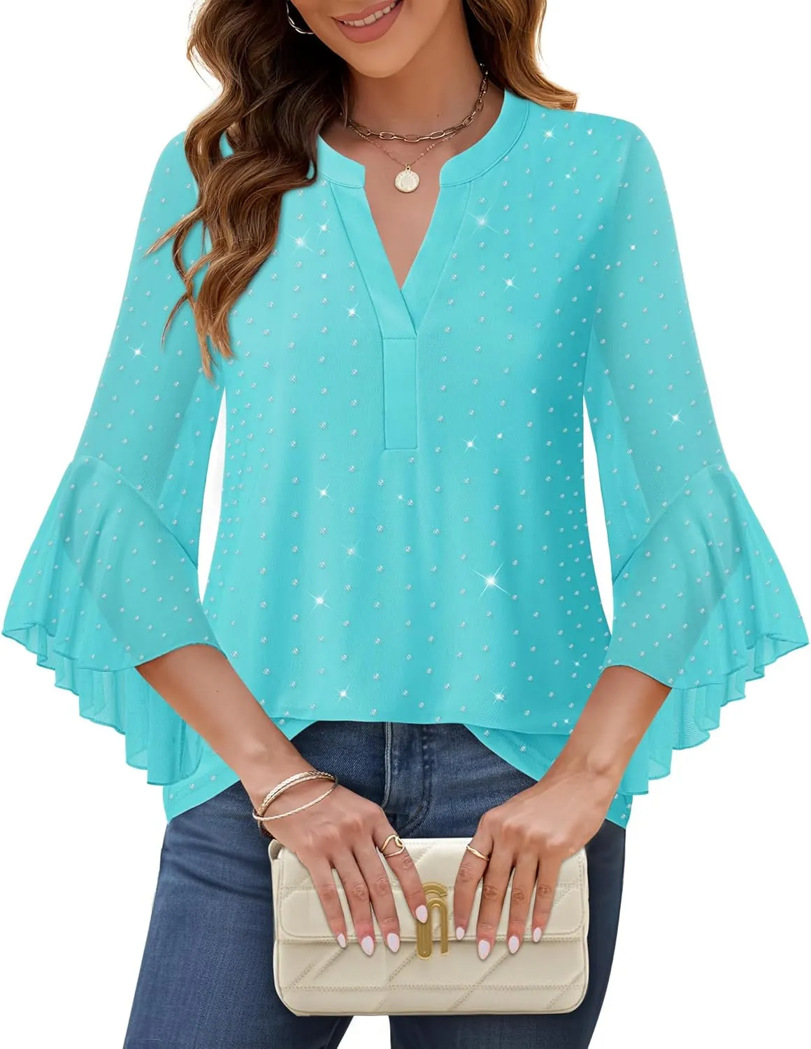 Lotusmile Women's 3/4 Sleeve Dressy Tops Elegant V Neck Blouse for Women Casual Work Evening Party