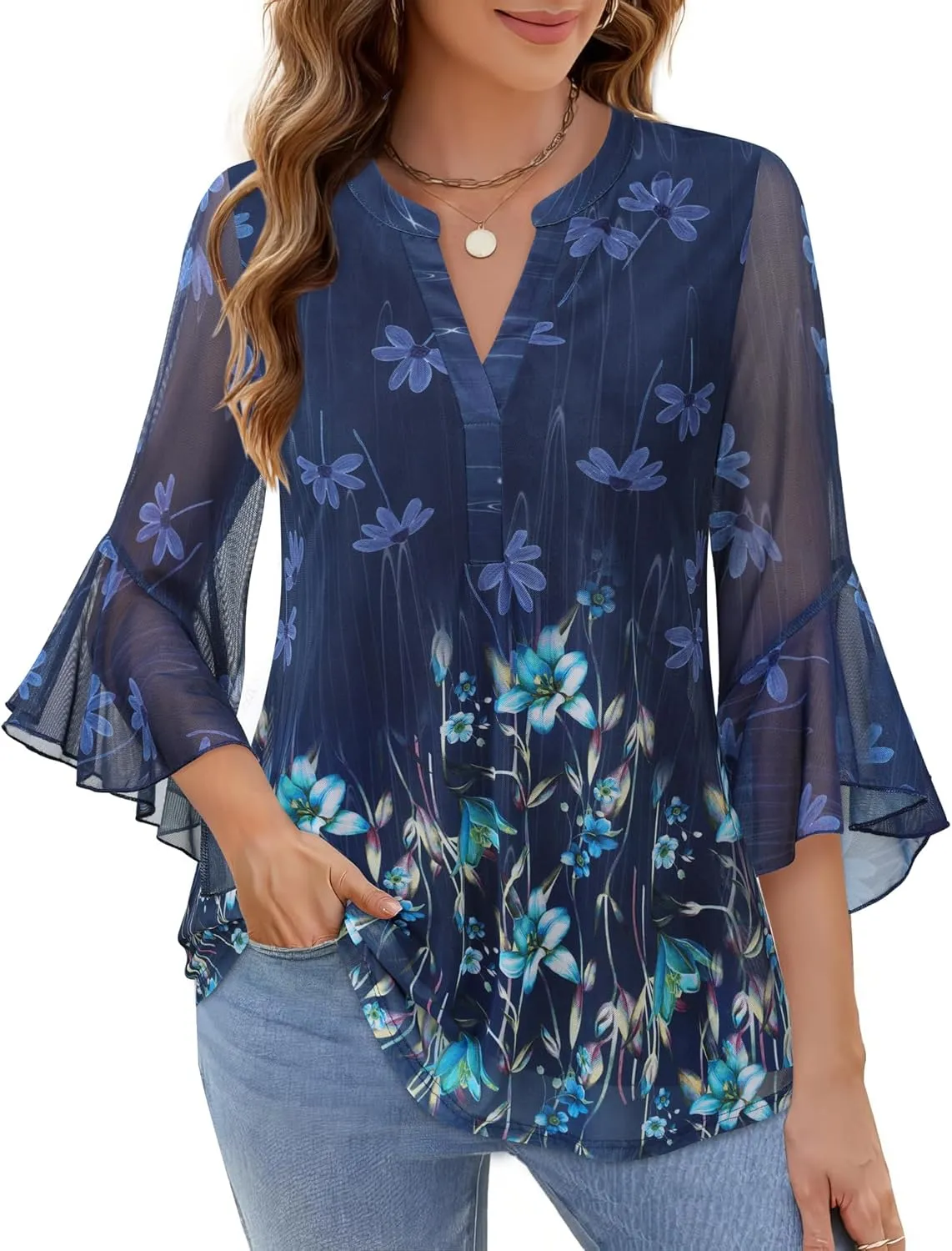 Lotusmile Women's 3/4 Sleeve Dressy Tops Elegant V Neck Blouse for Women Casual Work Evening Party