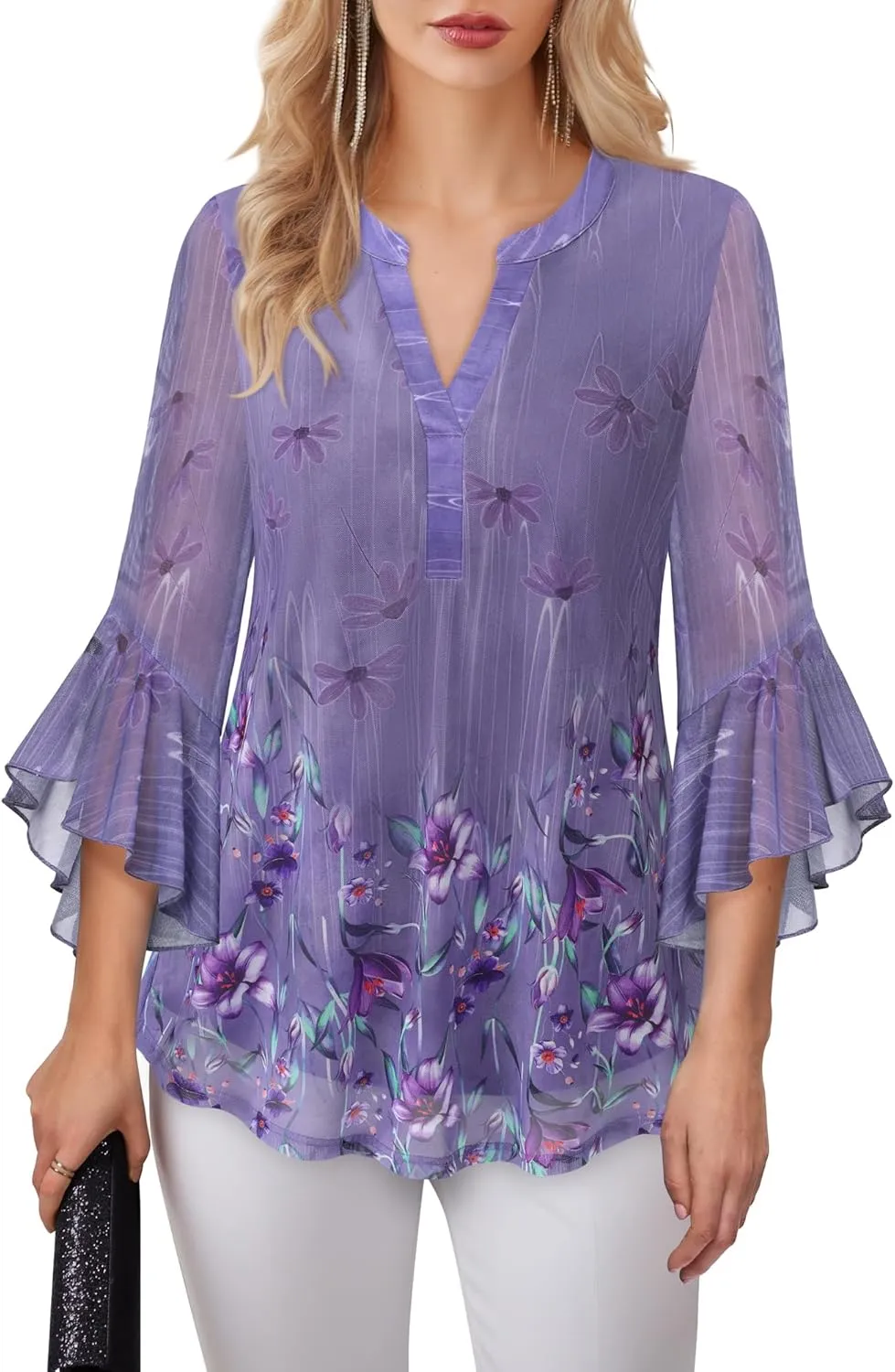 Lotusmile Women's 3/4 Sleeve Dressy Tops Elegant V Neck Blouse for Women Casual Work Evening Party