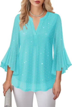 Lotusmile Women's 3/4 Sleeve Dressy Tops Elegant V Neck Blouse for Women Casual Work Evening Party
