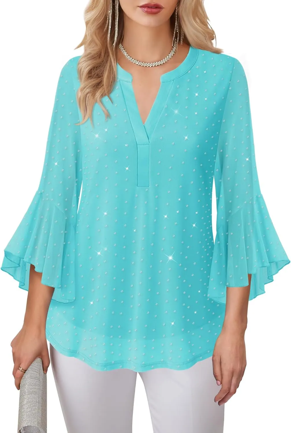 Lotusmile Women's 3/4 Sleeve Dressy Tops Elegant V Neck Blouse for Women Casual Work Evening Party