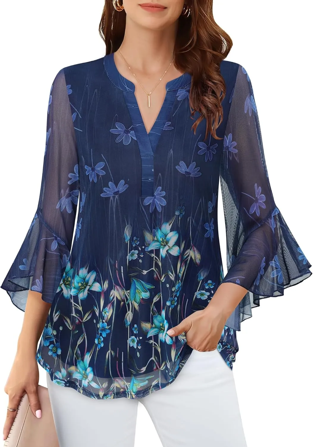 Lotusmile Women's 3/4 Sleeve Dressy Tops Elegant V Neck Blouse for Women Casual Work Evening Party