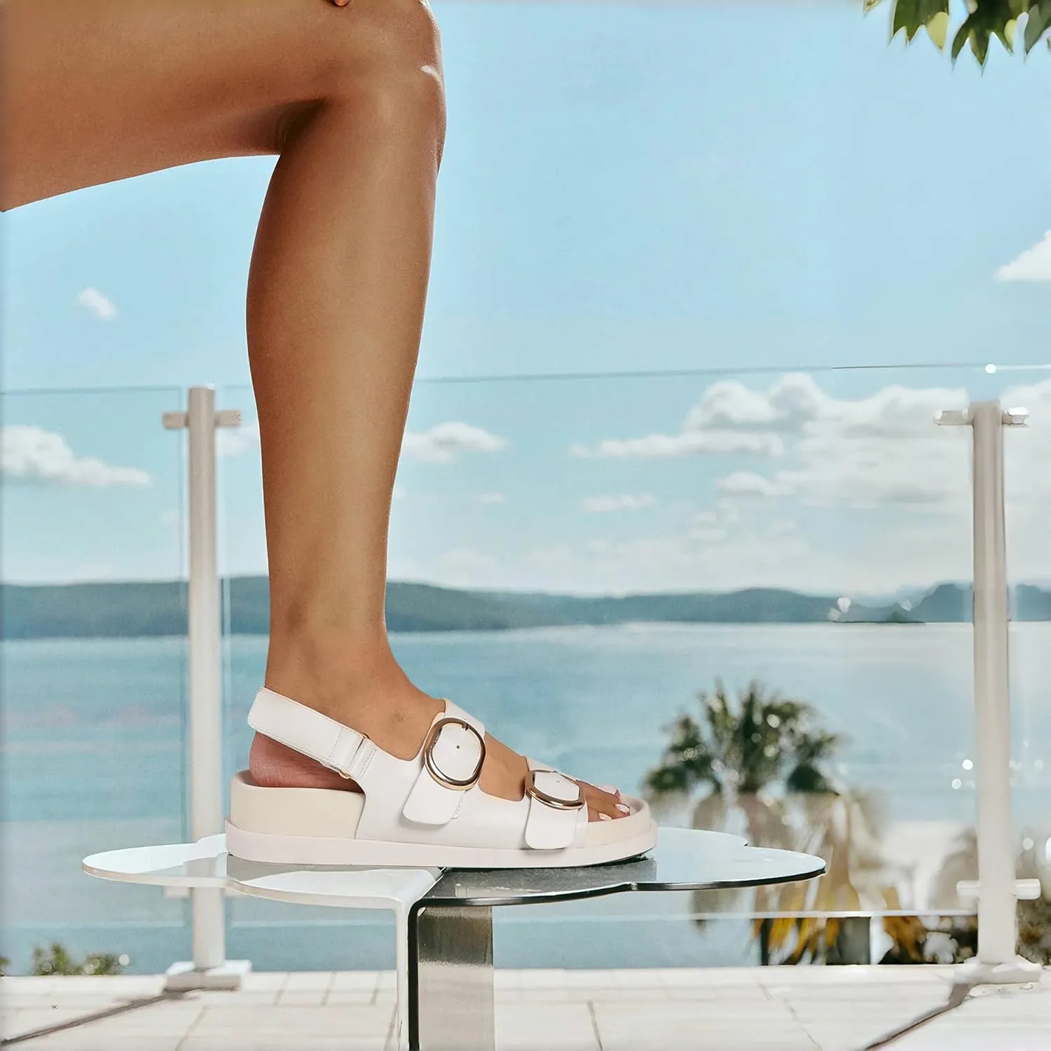 Lovee Cosee Flat Sandals for Women with Cushioned Footbed Open Toe Double Buckle Adjustable Hook-Loop Dress Summer Sandals Casual Beach Pool Party