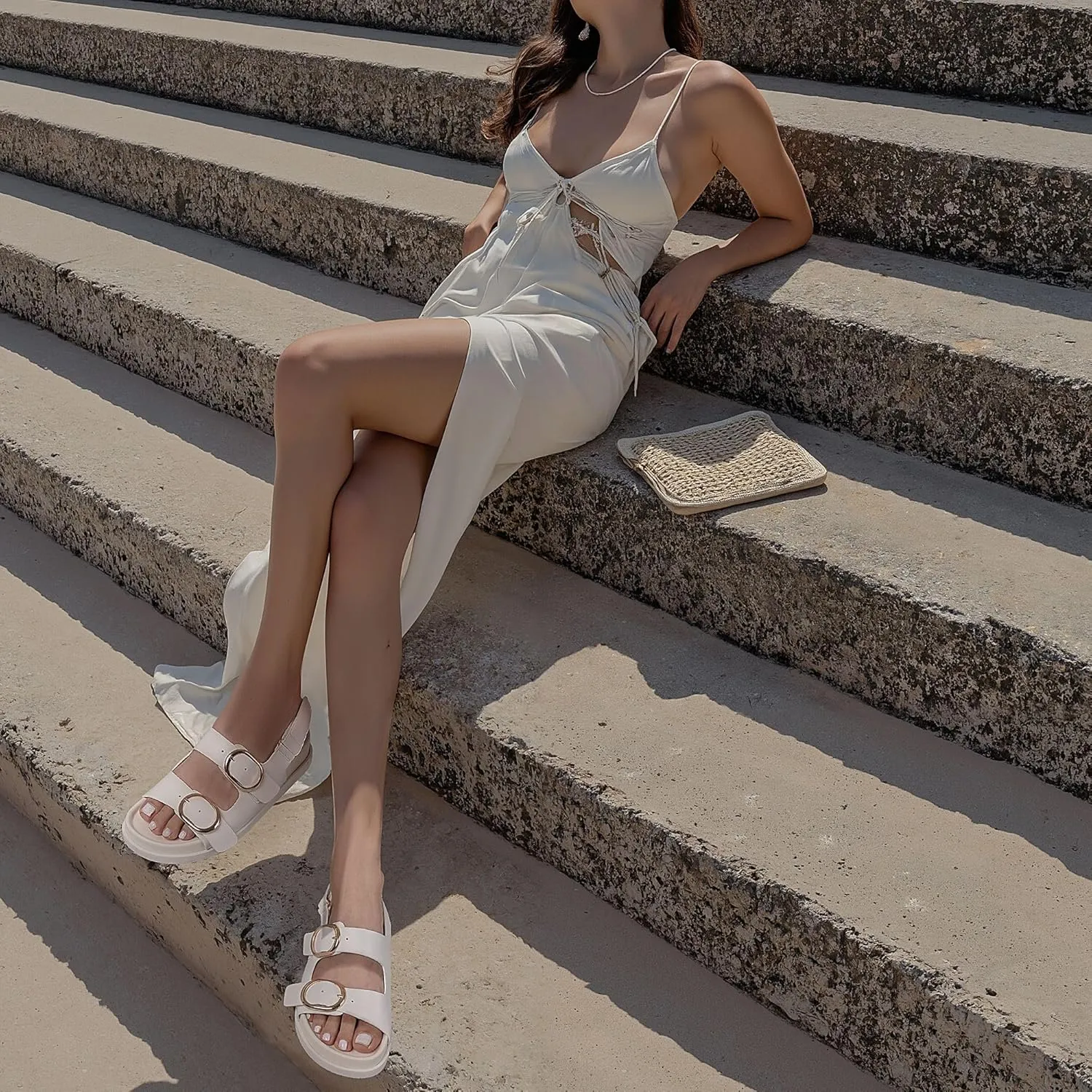 Lovee Cosee Flat Sandals for Women with Cushioned Footbed Open Toe Double Buckle Adjustable Hook-Loop Dress Summer Sandals Casual Beach Pool Party