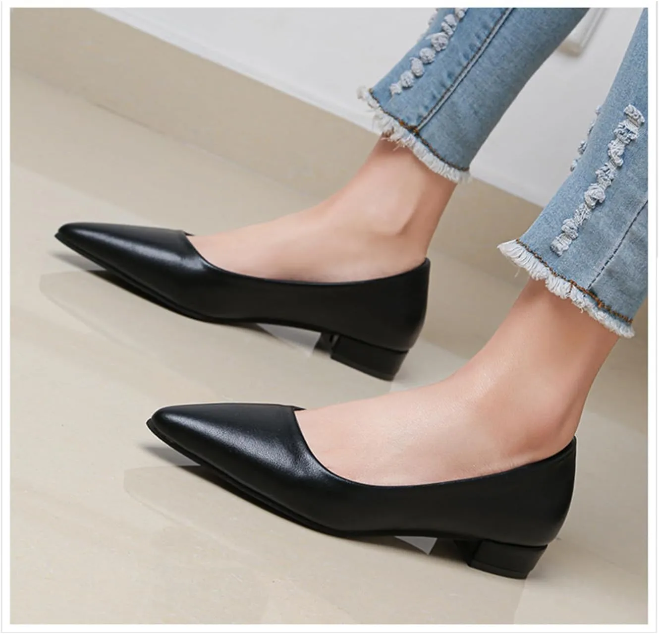 Low Block Heel Pumps for Women Comfort Pointed Toe Slip-On Dress Flats Shoes Casual Office Dress Shoe