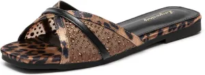 Lryweisy Women's Flat Sandals Comfortable Mesh Sandals with Rhinestone Glitter Slides