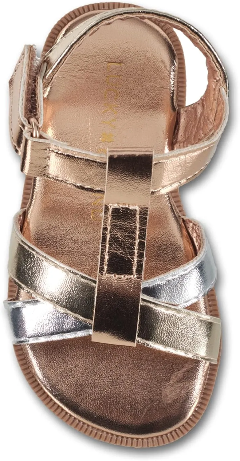 Lucky Brand Girl's Evie Sandal - T Strap Strapped Leatherette Metallic Sandals (Little Kid)