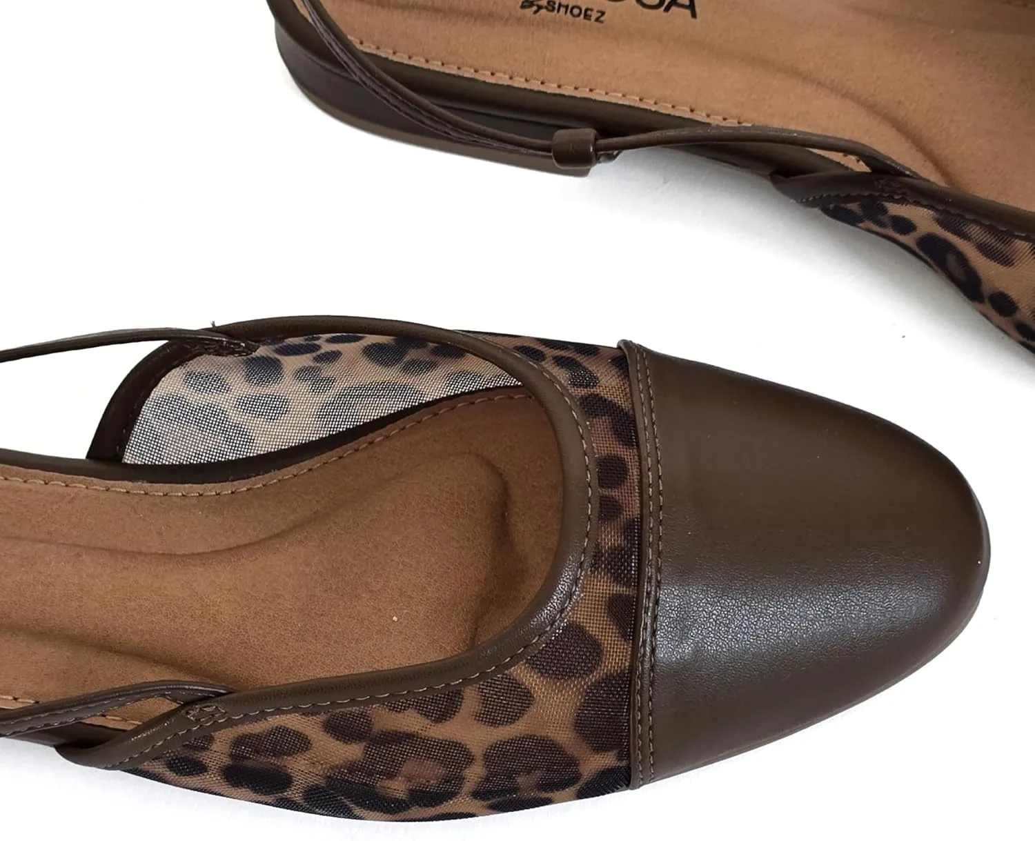 LUMINOSA Women’s Slingback Flats– Leopard Mesh with Brown Round Toe