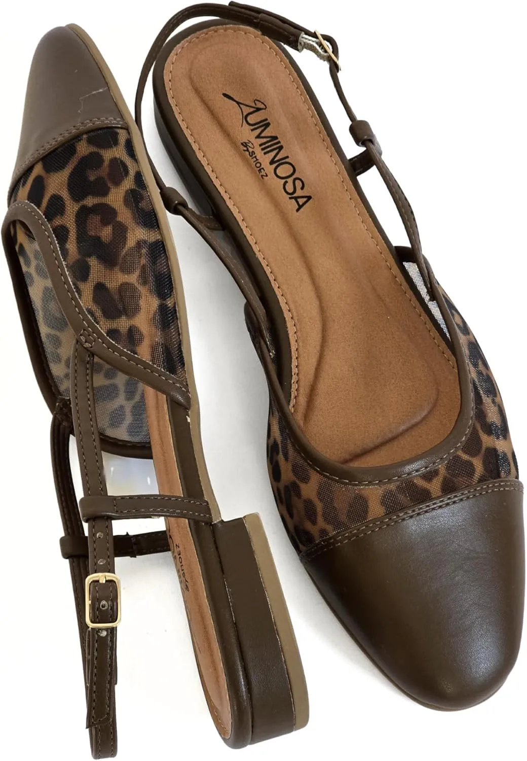 LUMINOSA Women’s Slingback Flats– Leopard Mesh with Brown Round Toe