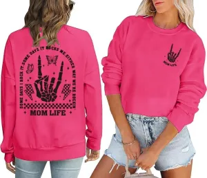 Mama Sweatshirts Mom Life Crewneck Sweatshirts Funny Mama Halloween Skeleton Rocker Graphic Sweatshirts Pullover Top