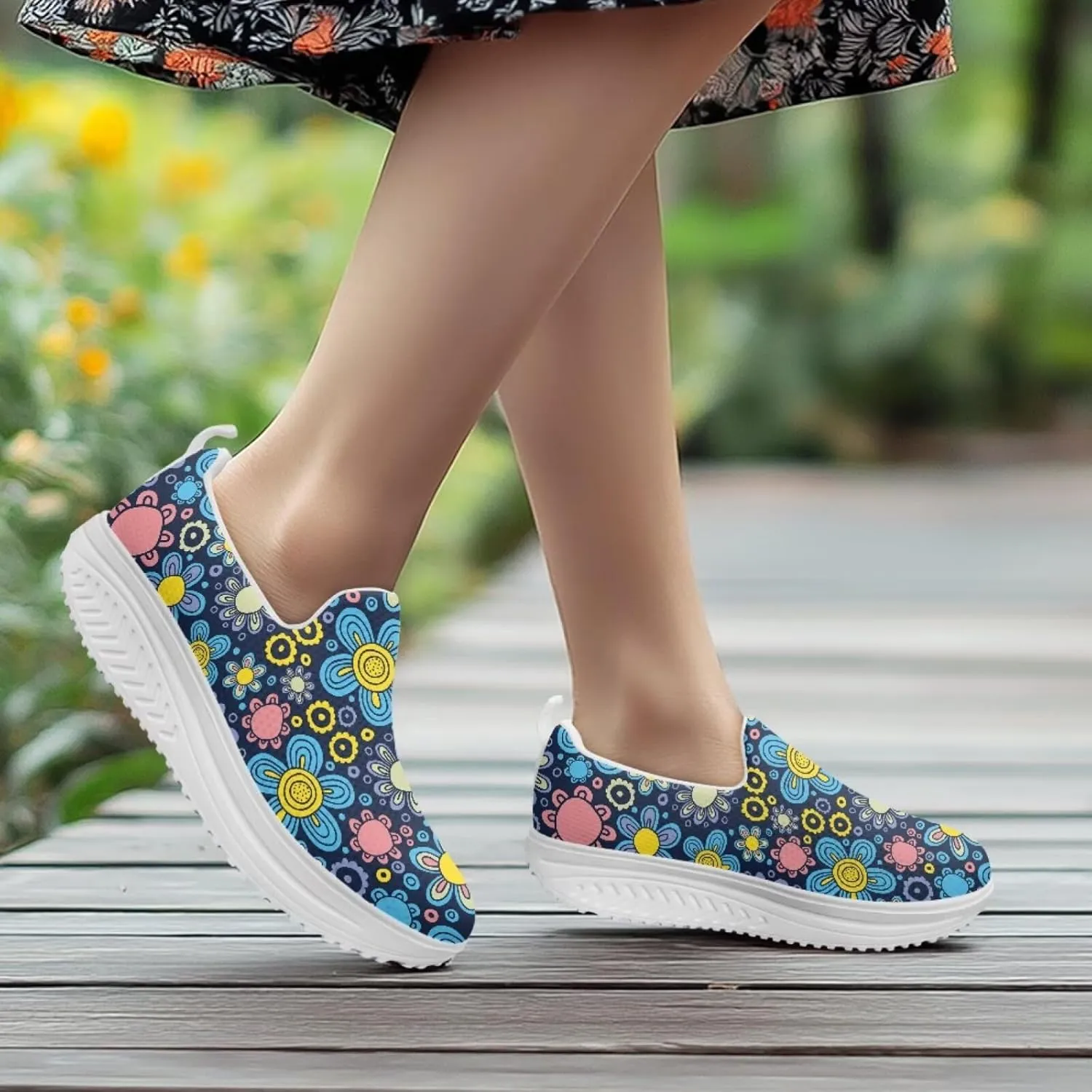 Mandala Floral Slip-On Yoga Sneakers Womens Elastic Mesh Anti-Slip Loafers Shoes with Rocker Platform